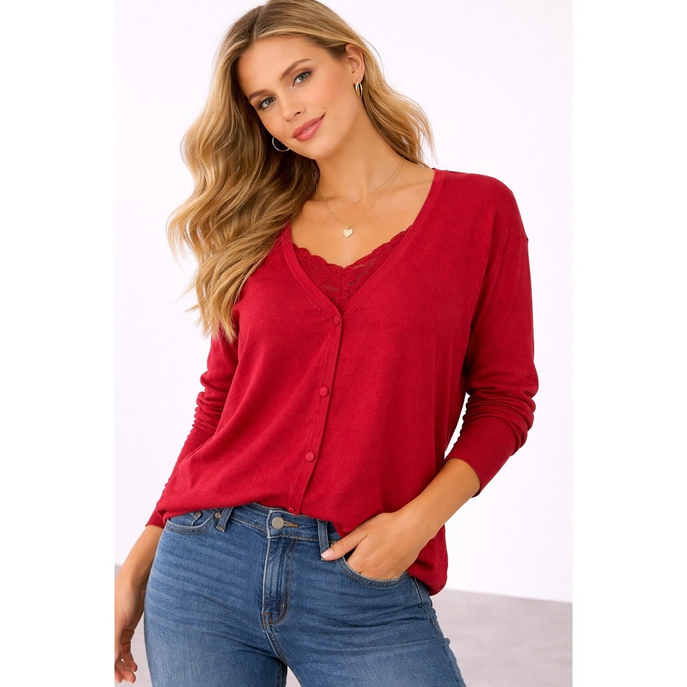 Geoffrey Beene‎ Sport Red Silk Blend Lace Trim V-Neck Cardigan Sweater XL
